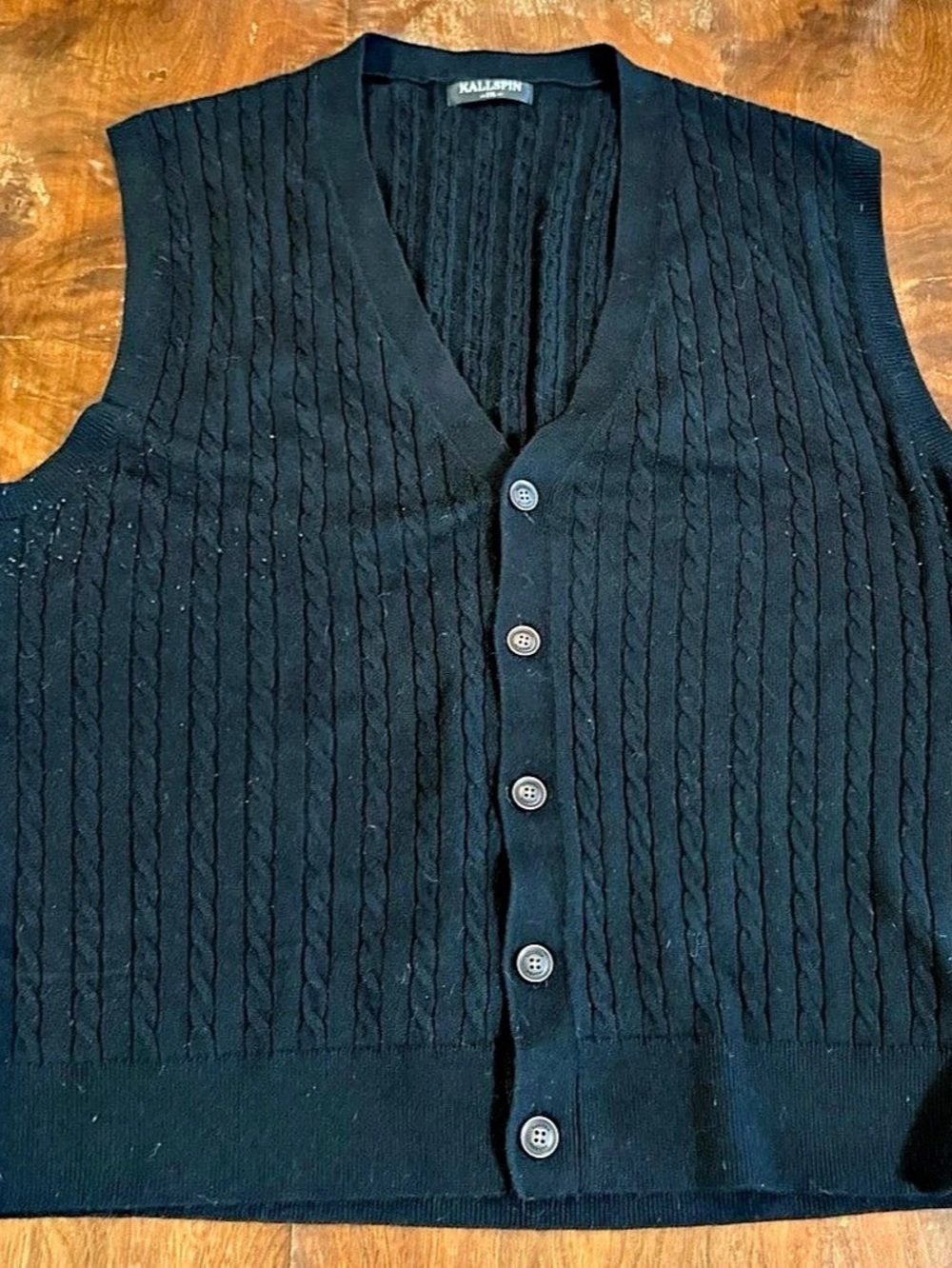 Kallspin Wool Blend Cable-Knit Button-Down Sweater Vest Sweater Vest Black XL